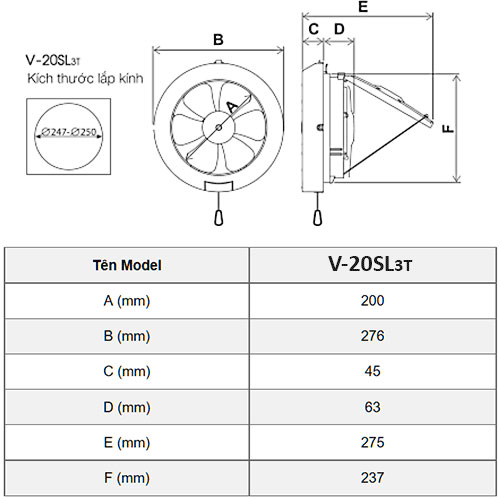 Quạt Hút Thông Gió Ốp Kính Mitsubishi V-20Sl3/6T - Tuấn Đức