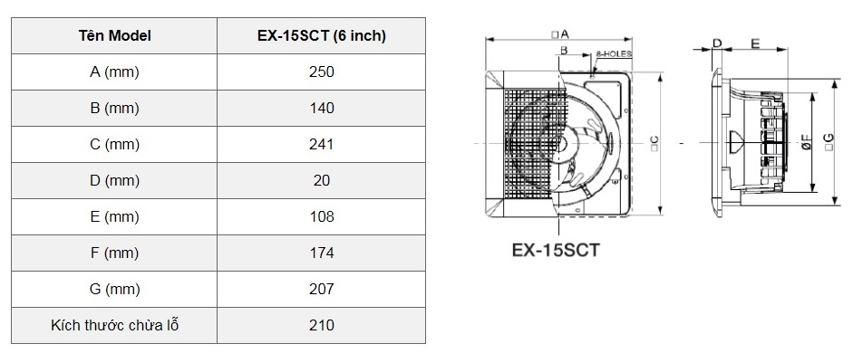 Bản vẽ kỹ thuật quạt hút thông gió ốp kính V-20SL3/6T Mitsubishi
