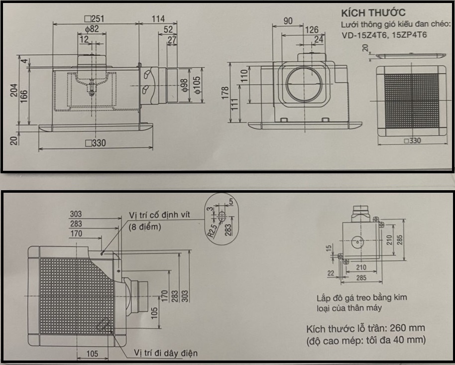 Bản vẽ kỹ thuật quạt hút thông gió âm trần VD-15Z4T6 Mitsubishi