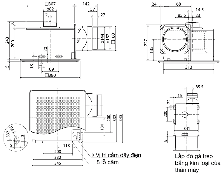 Bản vẽ kỹ thuật quạt hút thông gió âm trần VD-20Z4T3/5 Mitsubish