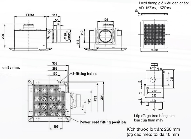 Bản vẽ kỹ thuật quạt hút thông gió âm trần VD-15ZP4T5-D Mitsubishi