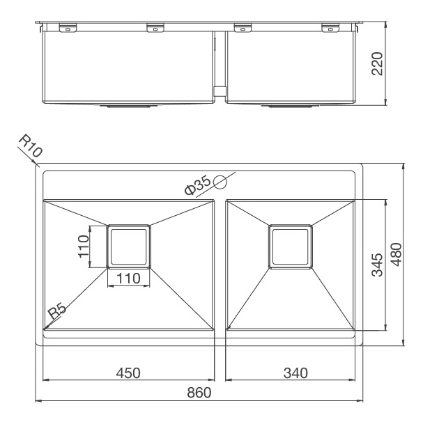 Bản vẽ kỹ thuật chậu inox Malloca MS 6304T rửa chén bát