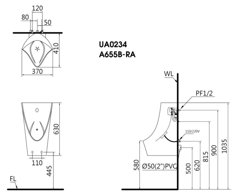 Bản vẽ kỹ thuật bồn tiểu nam caesar UA 0234