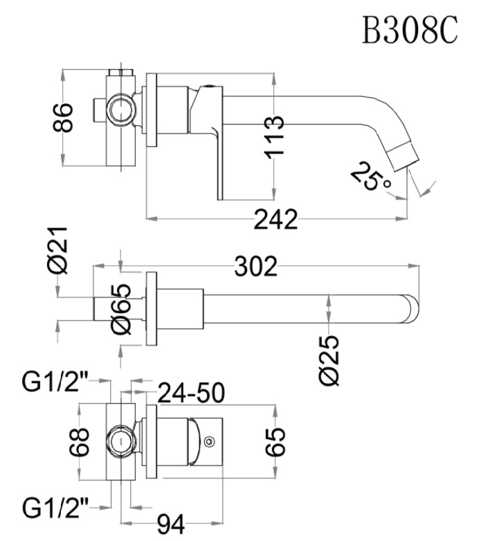 Bản vẽ kỹ thuật vòi lavabo âm tường caesar B 308C