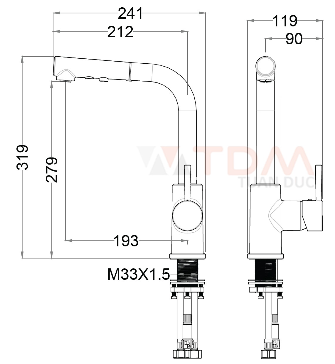 Bản vẽ kích thước vòi rửa chén K915C Caesar