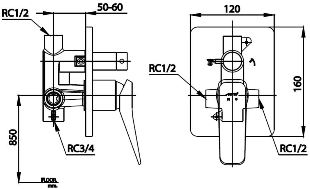 Bản vẽ van điều chỉnh CT2304A âm tường Cotto nóng lạnh 