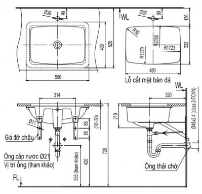 Bản vẽ bồn rửa mặt lavabo Inax AL-2298V