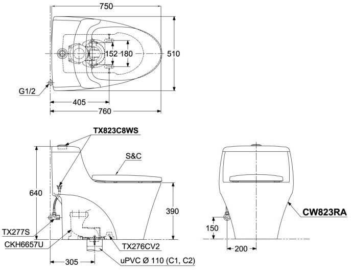 Bản vẽ bồn cầu TOTO MS823 nắp điện tử TCF4911EZ