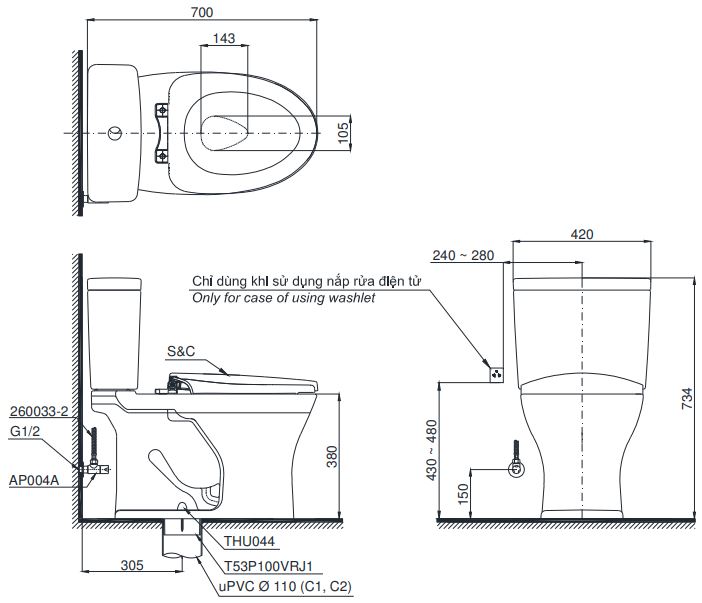 Bản vẽ bồn cầu C735 nắp rửa cơ TCW1211A TOTO