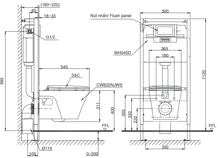 Bản vẽ kỹ thuật xí bệt TOTO CW 822 RA