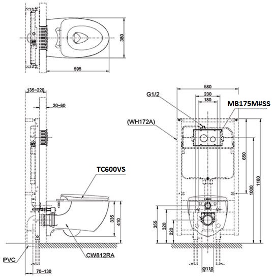 Bản vẽ kỹ thuật xí bệt TOTO CW812RA TC600VS WH172A MB175M#SS