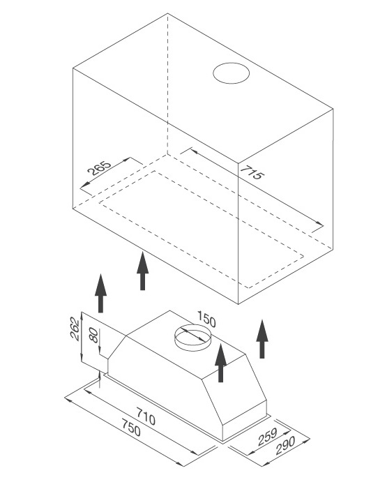 Bản vẽ kỹ thuật máy hút mùi âm tủ MH 750BI Malloca