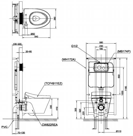 Bản vẽ kỹ thuật xí bệt treo tường TOTO CW 822 REA