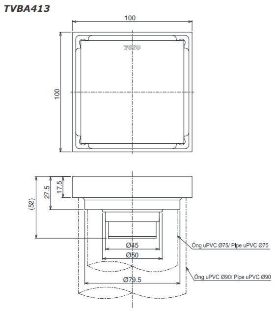 Bản vẽ kỹ thuật phểu Toto TVBA 413