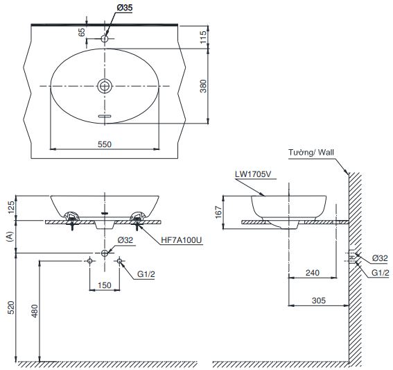 Bản vẽ lavabo LT 1705 TOTO đặt bàn