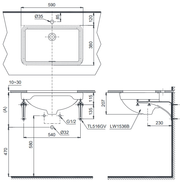 Bản vẽ lavabo âm bàn LW1536V TOTO