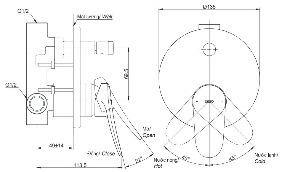 Bản vẽ van điều chỉnh nóng lạnh TBS04304 TOTO