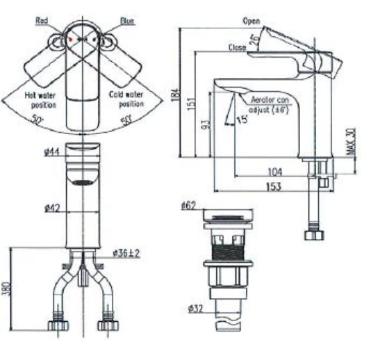 Bản vẽ vòi lavabo nóng lạnh LFV-612S INAX