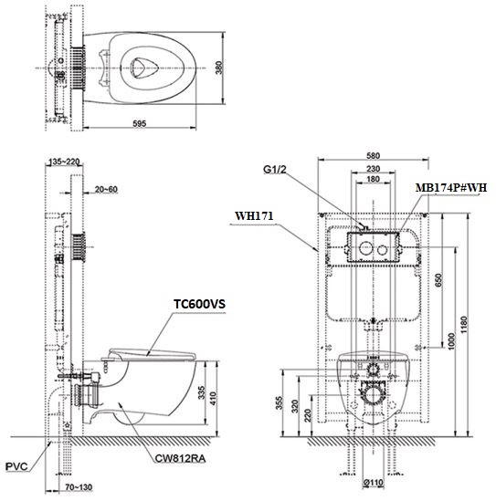 Bản vẽ kỹ thuật xí bệt TOTO CW812RA TC600VS WH171 MB174P#WH