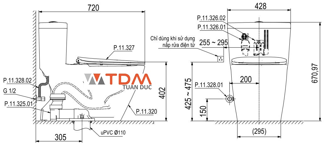 Bản vẽ bệt vệ sinh Viglacera P.11.320 Platinum 