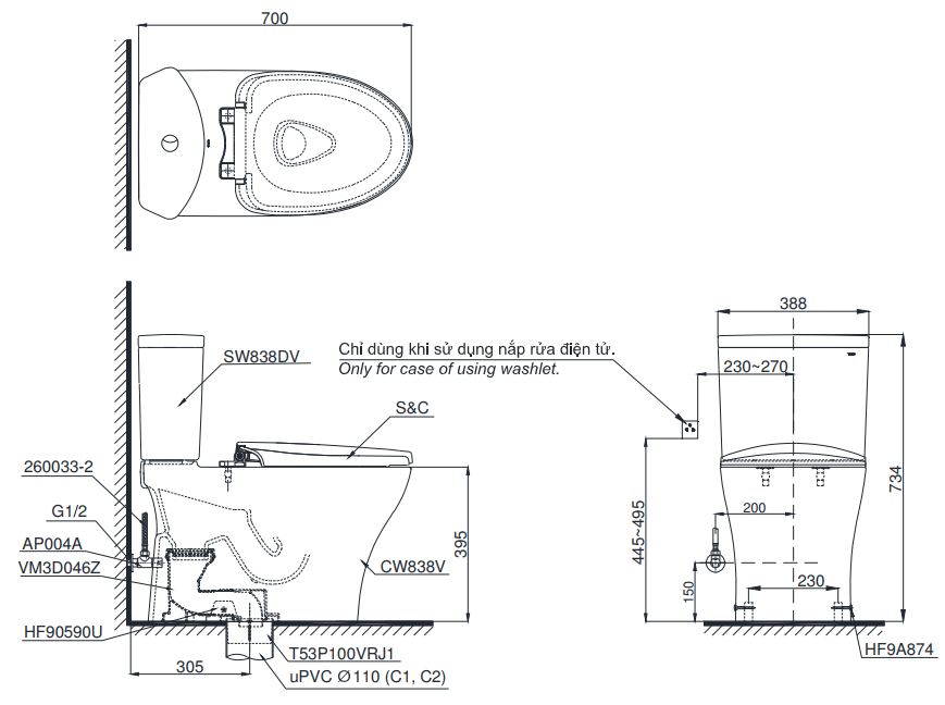 Bản vẽ bồn cầu TOTO CS838D T8 hai khối