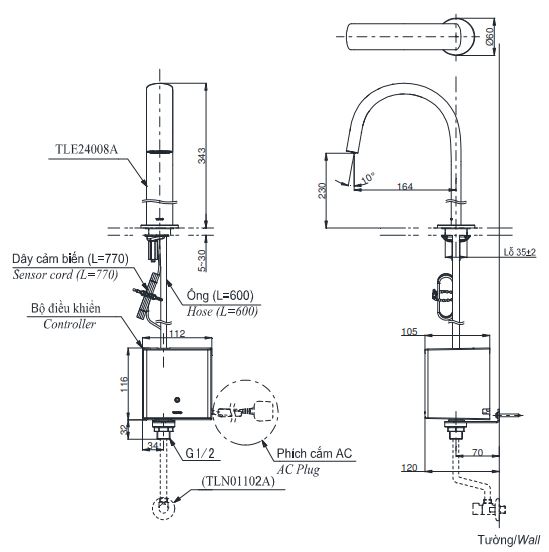 Bản vẽ vòi tự động TOTO TLE24008A