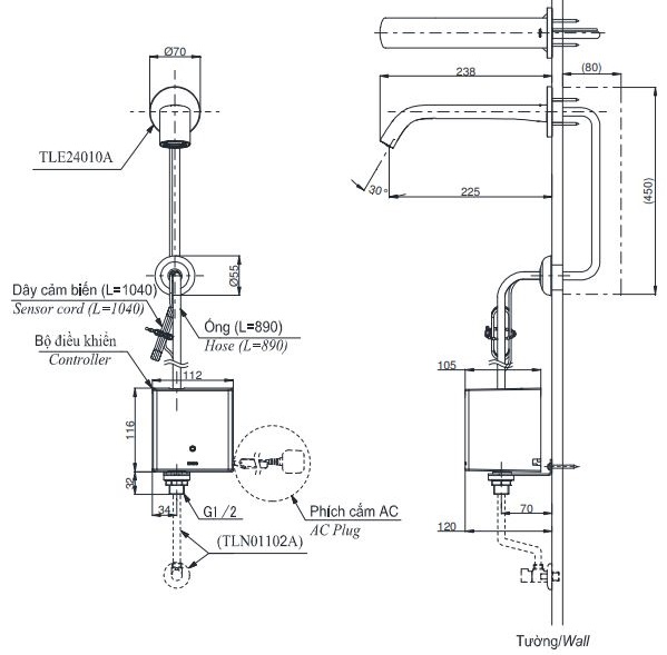 Bản vẽ vòi tự động TOTO TLE24010A