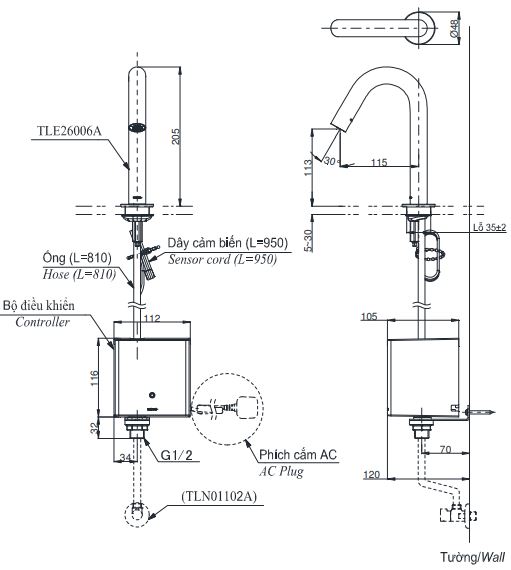 Bản vẽ vòi tự động TOTO TLE26006A 