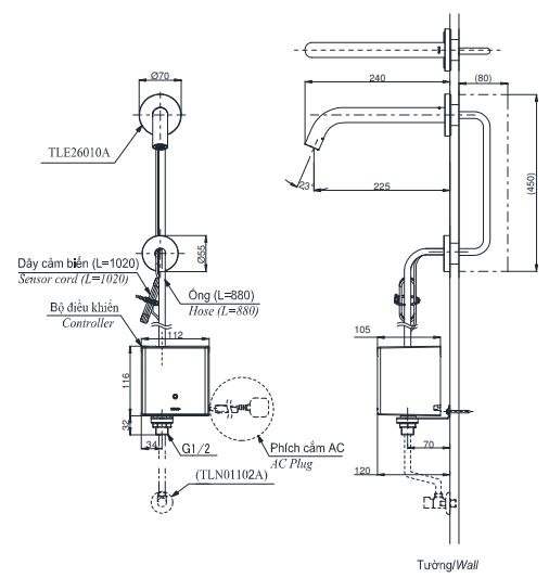 Bản vẽ vòi tự động TOTO TLE26010A 