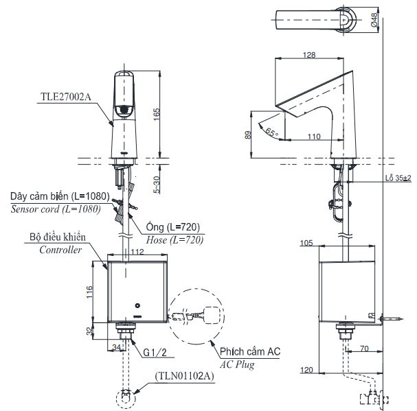 Bản vẽ vòi tự động TOTO TLE27002A 