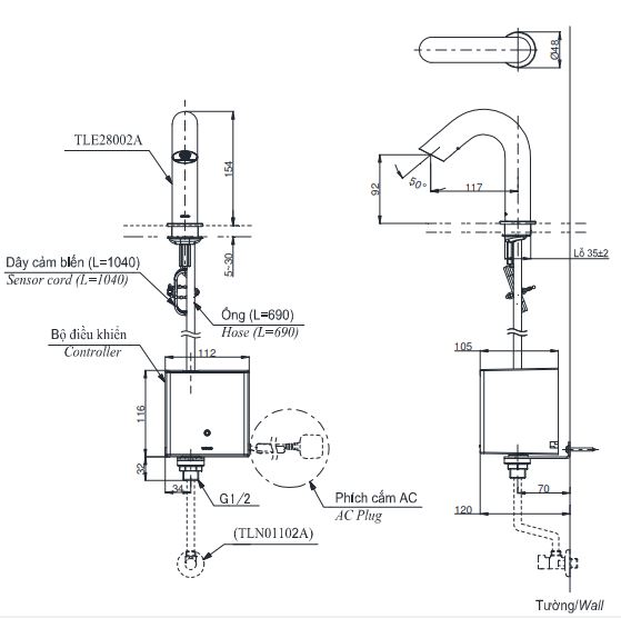 Bản vẽ vòi tự động TOTO TLE28002A 