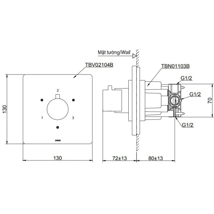 Bản vẽ van TOTO TBV 02104BA MBL chuyển hướng 3 đường nước