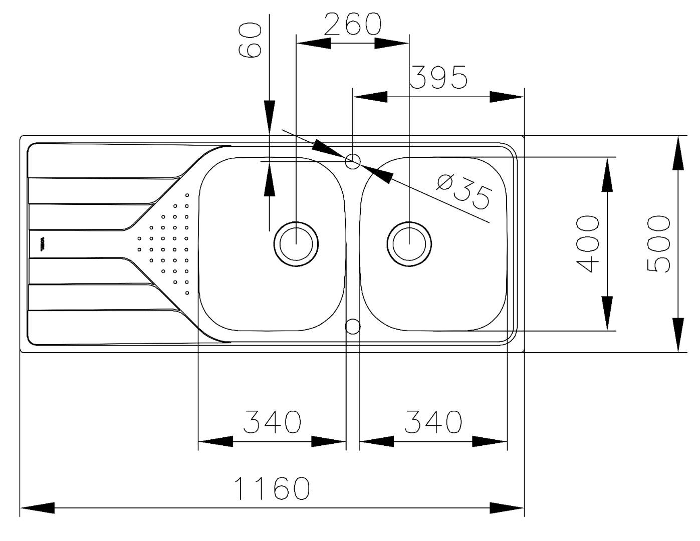 Bản vẽ kích thước chậu rửa bát 115170001 TEKA 2 hộc