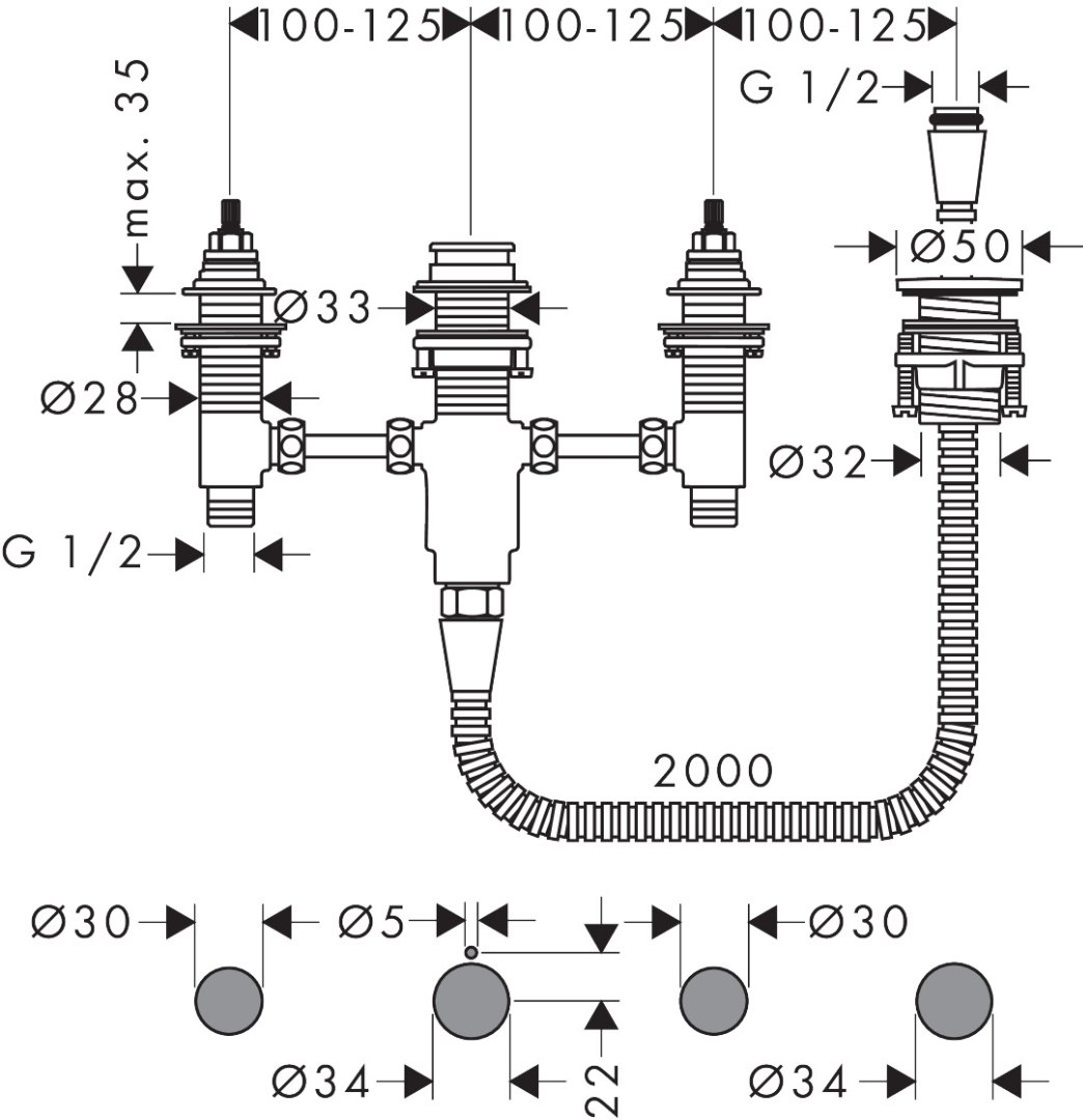Bản vẽ phụ kiện vòi xả bồn tắm 13244180 Hansgrohe 4 lỗ