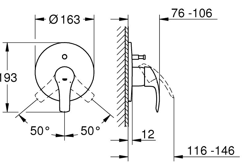Bản vẽ kích thước van trộn Eurosmart 19450002 Grohe