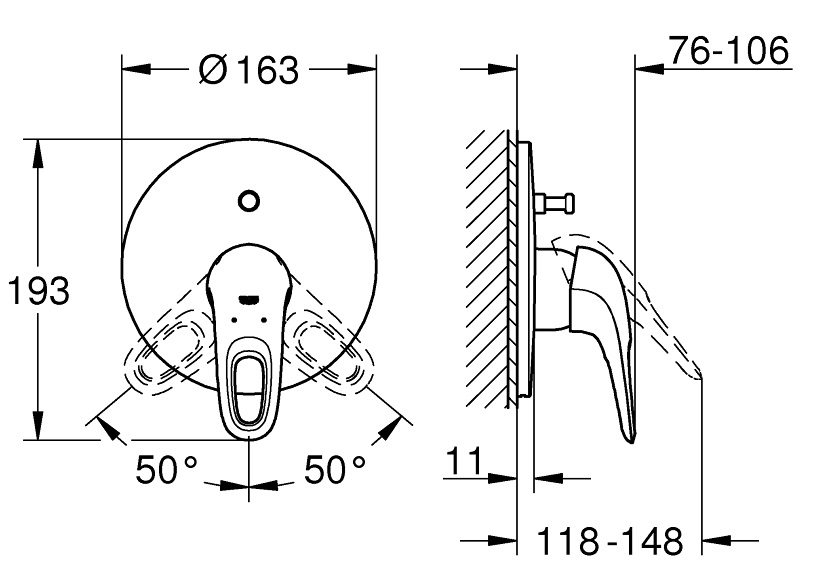Bản vẽ kích thước van trộn Eurostyle 19506003 Grohe