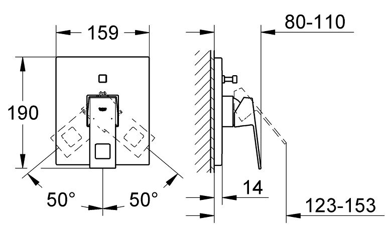 Bản vẽ kích thước van trộn Eurocube 19896000 Grohe