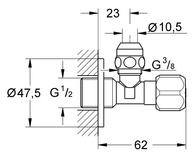 Bản vẽ kích thước van khóa góc 1 đường nước 2201700M Grohe