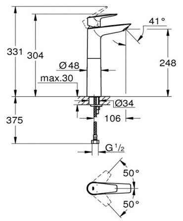 Bản vẽ kich thước vòi lavabo 23910001 Grohe BauEdge