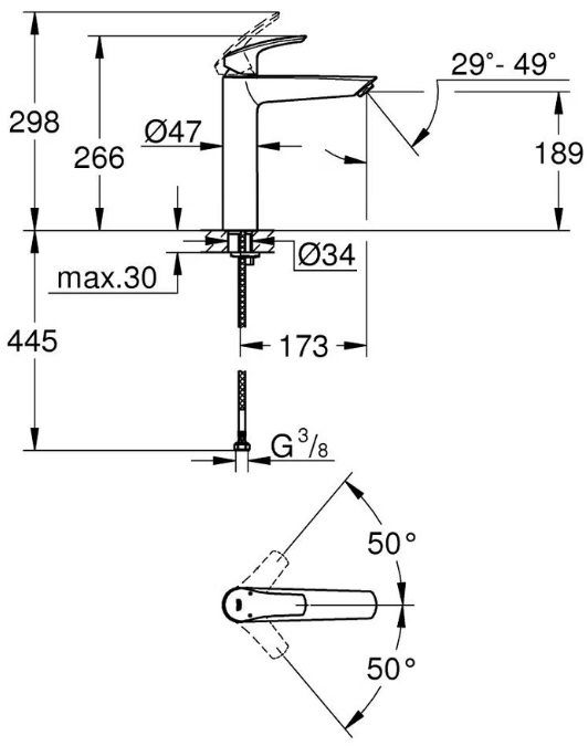 Bản vẽ kỹ thuật vòi lavabo 23971003 Grohe Eurosmart size XL
