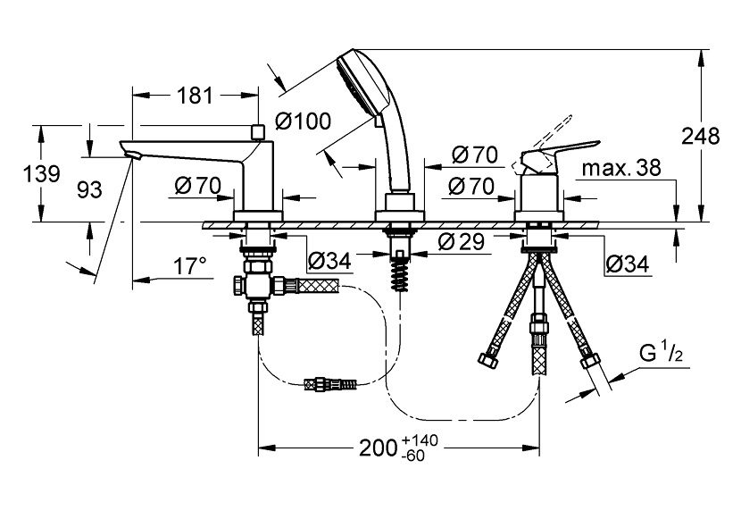 Bản vẽ kích thước vòi bồn tắm 2511700A Grohe BauEdge