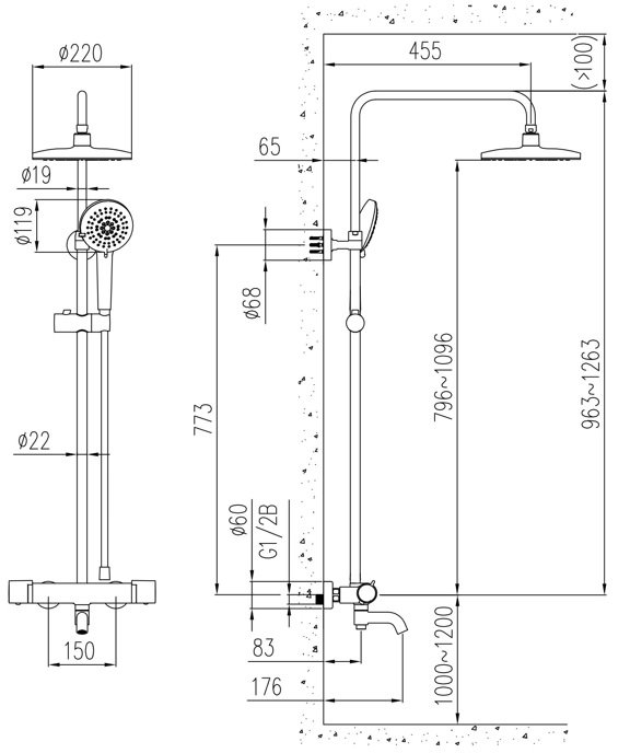 Bản vẽ kích thước cây sen tắm 261405331BI011 Jomoo 