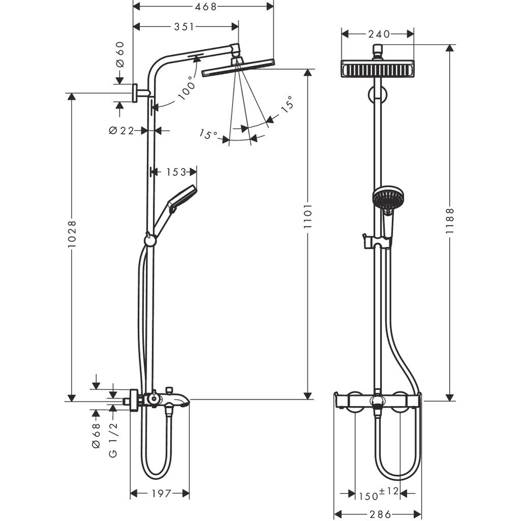 Bản vẽ sen cây tắm đứng 26185000 Hansgrohe
