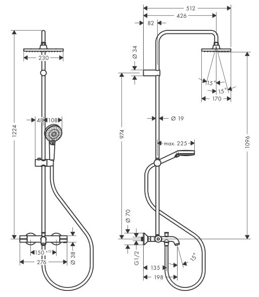 Bản vẽ sen cây tắm đứng 26284007 Hansgrohe