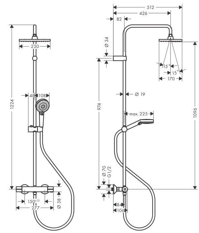 Bản vẽ sen cây tắm đứng 26286007 Hansgrohe