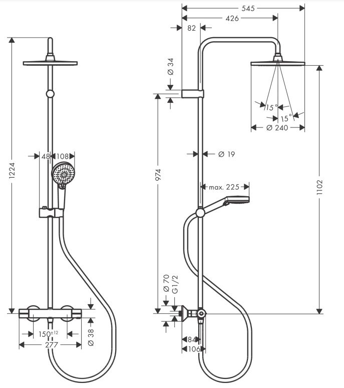 Bản vẽ sen cây tắm đứng 26426007 Hansgrohe