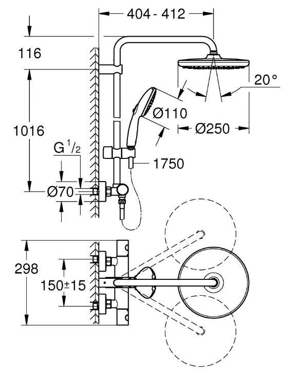 Bản vẽ bộ sen cây Grohe 26670001 ổn nhiệt Ntemp Cosmo 250 26670001