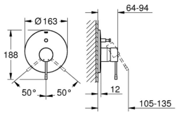 Bản vẽ kích thước bộ trộn nóng lạnh Grohe 19285GL1 âm tường