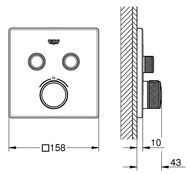 Bản vẽ kỹ thuật mặt bộ trộn âm ổn nhiệt Grohe 29120000 Smart Control