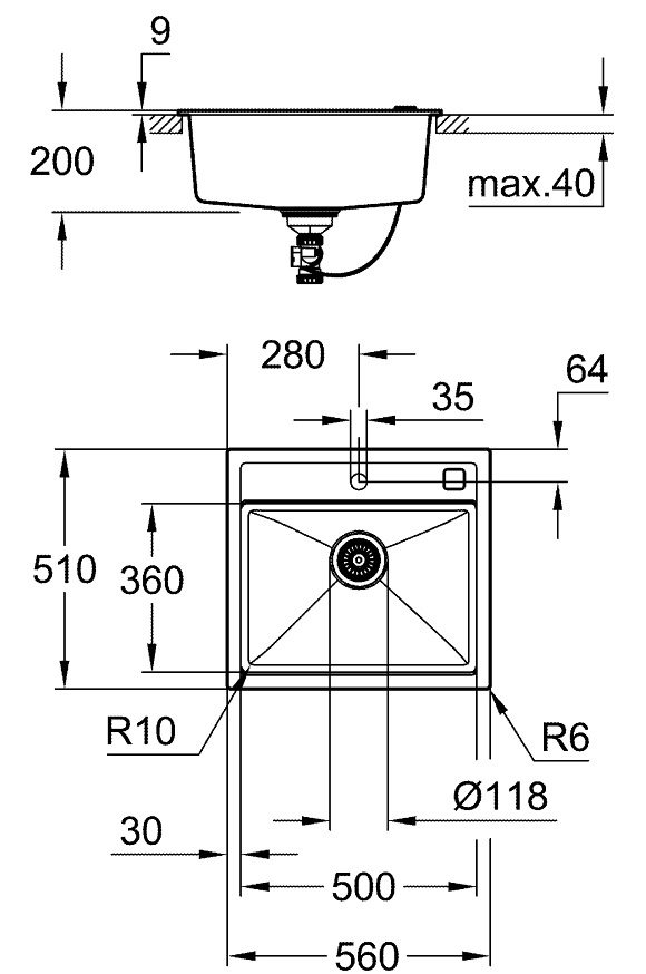 Bản vẽ chậu rửa bát Grohe 31651AP0 K700-60 Composite